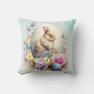 Vintage-Osterhase mit Blumen und Eiern Kissen