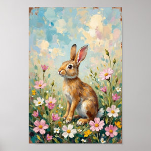 Vintage-Osterhase-Wildblumen-Kunst Poster