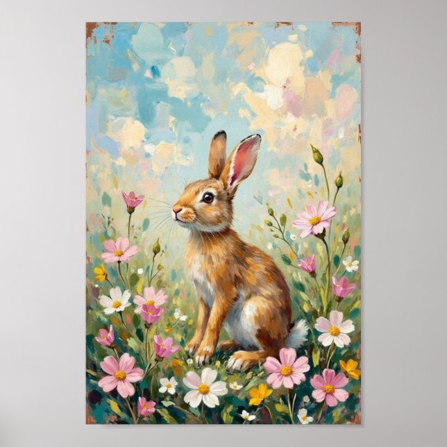 Vintage-Osterhase-Wildblumen-Kunst Poster (Vorne)