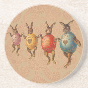 Vintage-Osterhasen beim Tanzen mit Ei-Kostümen Untersetzer