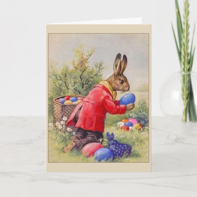 Vintage Osterhasen-versteckende Eier, Feiertagskarte (Vorderseite)