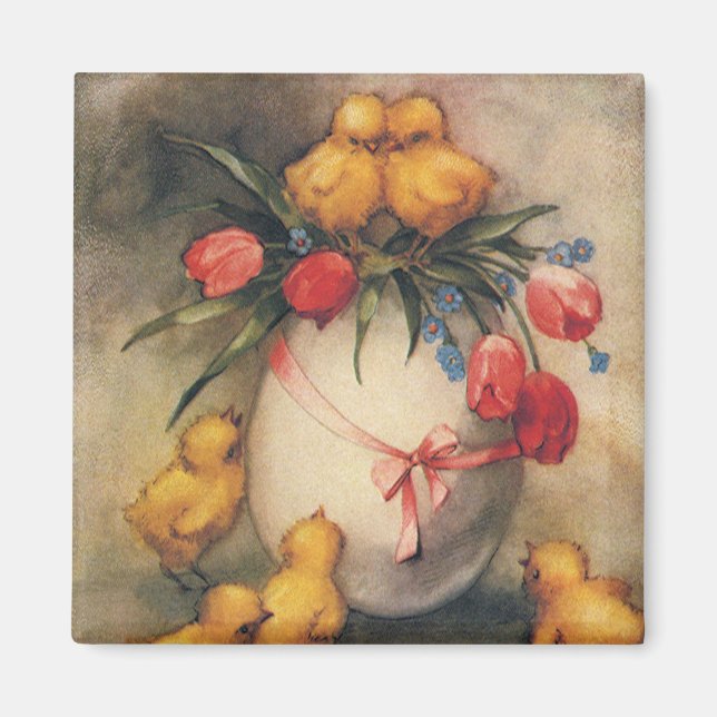 Vintage Osterhühner, Ei mit Red Tulip Blume Magnet (Vorne)