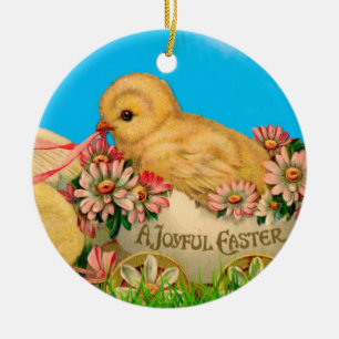 Vintage Osterhühner mit Blauem Himmel und Ostern Keramik Ornament