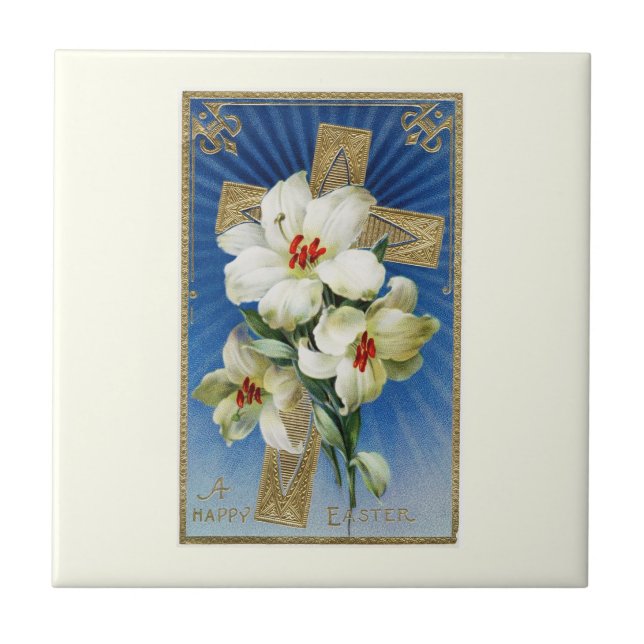 Vintage Osterilien und Goldkreuz Fliese (Vorderseite)