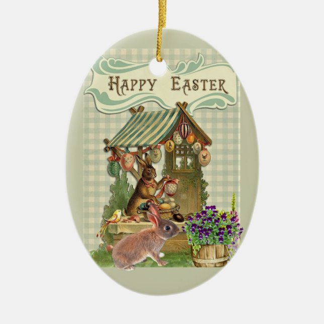 Vintage Osterkaninchen und Eierurlaub Keramik Ornament (Vorne)