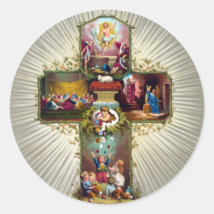 Vintage-Osterkreuz religiöser Feiertag Gold Runder Aufkleber