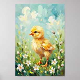 Vintage-Osterküken-Frühlingswiesen-Kunst Poster