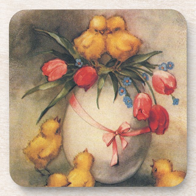 Vintage Osterküken mit Red Tulip Blume Getränkeuntersetzer (Vorderseite)