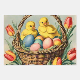 Vintage Osterküken mit Tulpen Geschenkpapier Set