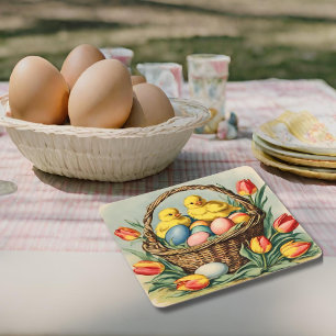 Vintage Osterküken mit Tulpen Rechteckiger Pappuntersetzer