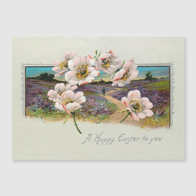 Vintage Osterlandschaft mit Apfelblüten Magnetkarte (Vorderseite)
