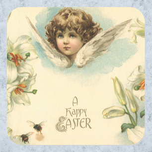 Vintage Ostern, viktorianischer Engel mit Lilienbl Quadratischer Aufkleber