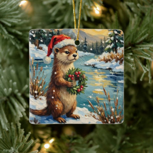 Vintage Otter mit Weihnachtskranz von Frozen Keramikornament