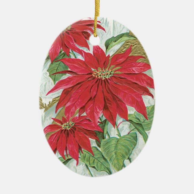 Vintage ovale Poinsettia Keramikornament (Vorne)