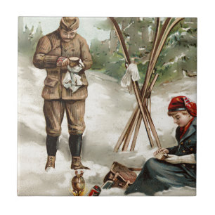 Vintage Paar auf einer Skitour Fliese