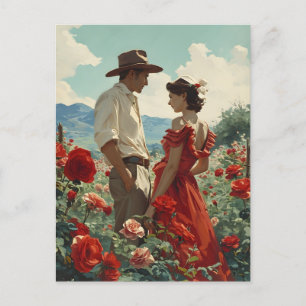 Vintage Paare auf einem Rosenfeld Postkarte