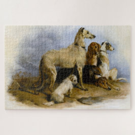 Vintage painting of five cute dogs