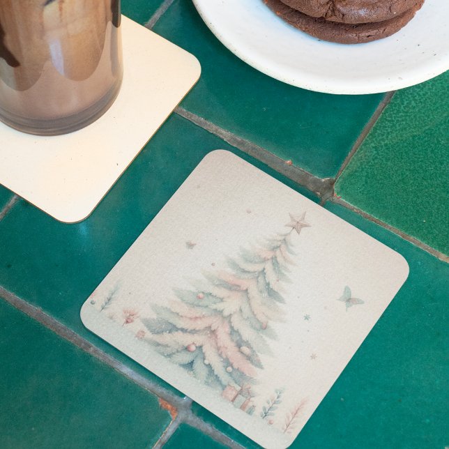 Vintage pale Merry Christmas  Rechteckiger Pappuntersetzer (Vintage pale Merry Christmas Square Paper Coaster)