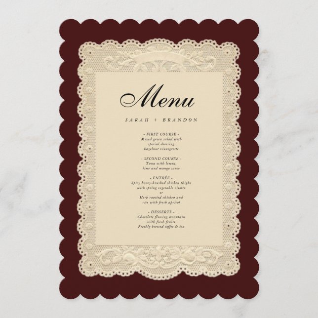 Vintage Paper Lace Burgundy Wedding Menükarte (Vorderseite)