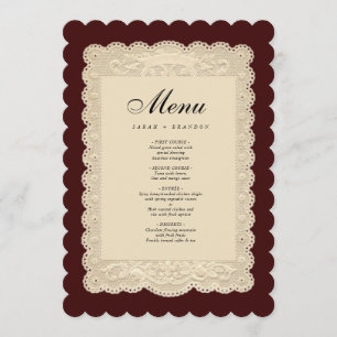 Vintage Papier-Spitze-Burgunder-Hochzeit Menükarte