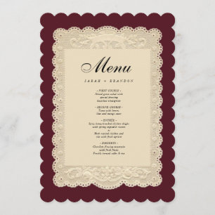 Vintage Papier-Spitze-Burgunder-Hochzeit Menükarte