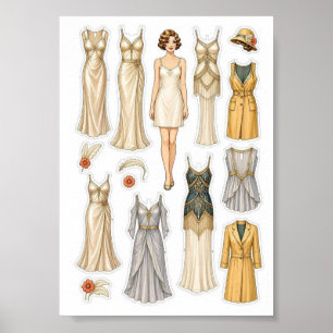 Vintage-Papierschneidepuppen-Aktivität für Mädchen Poster