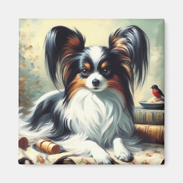 Vintage Papillon Dog-Malerei Magnet (Vorne)