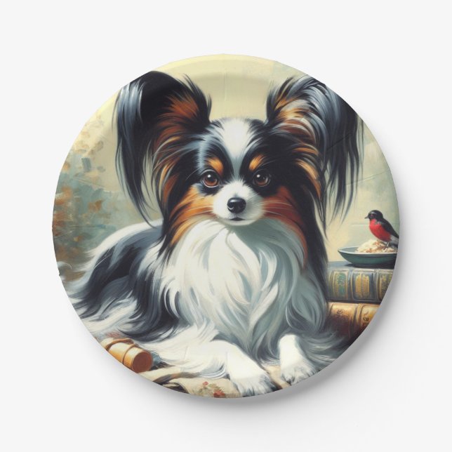 Vintage Papillon Dog-Malerei Pappteller (Vorderseite)
