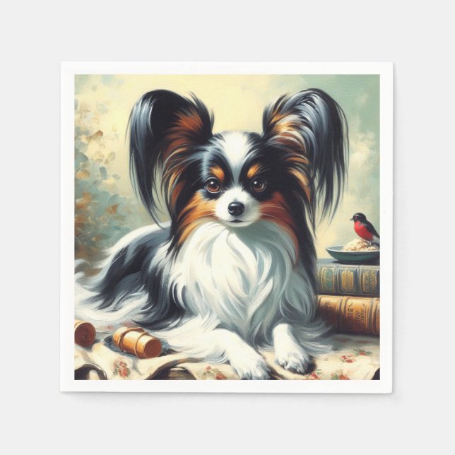 Vintage Papillon Dog-Malerei Serviette (Vorderseite)