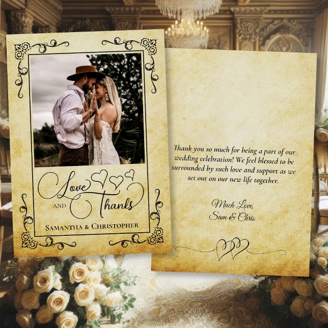 Vintage Parchment-Liebe dank Foto & Note Wedding Dankeskarte (Front/Back)