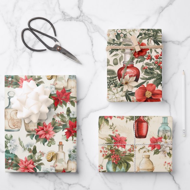 Vintage Parfümflaschen Retro Weihnachten Geschenkpapier Set (Vorderseite)