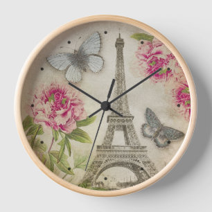 Vintage Paris Eiffelturm Pfingstrosen Uhr