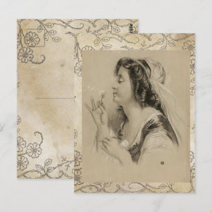 Vintage Paris Mädchen Löwenzahnblume Postkarte