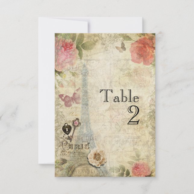Vintage Paris Roses Wedding Tischnummer Card (Vorderseite)