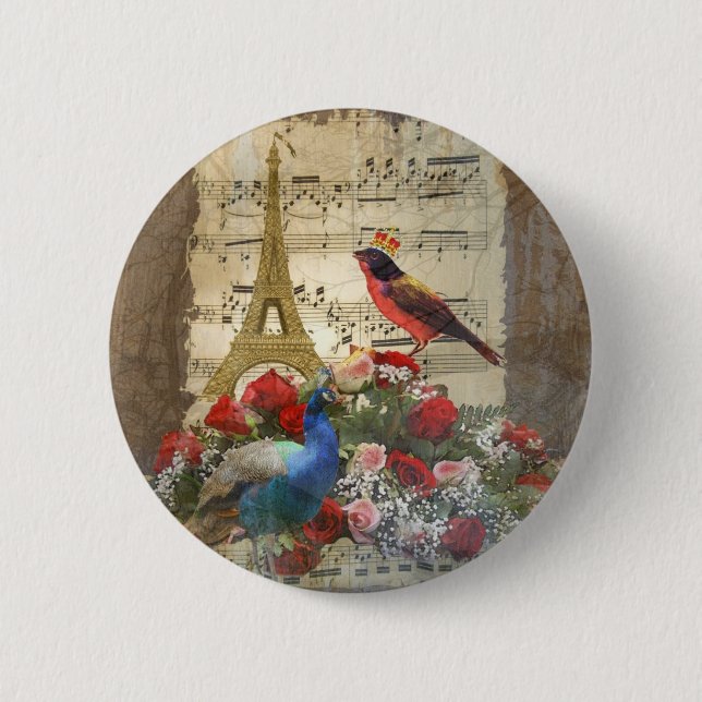 Vintage Paris- u. Vogelmusikblattcollage Button (Vorderseite)