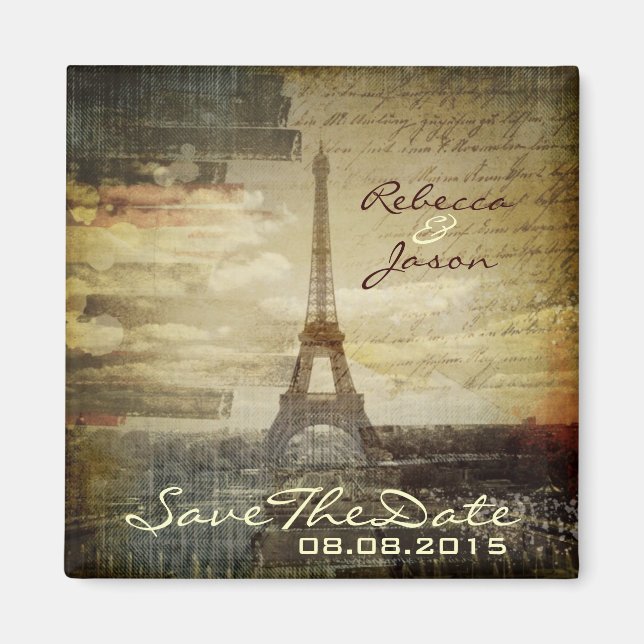 Vintage Pariser Eiffelturmhochzeit retten das Datu Magnet (Vorne)