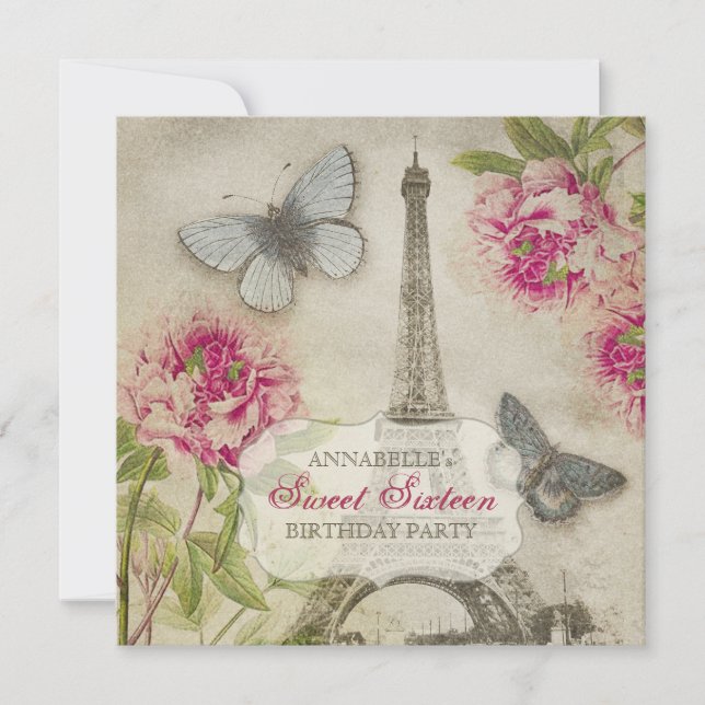 Vintage Pariser Peonies 16 . Geburtstag Geburtstag Einladung (Vorderseite)