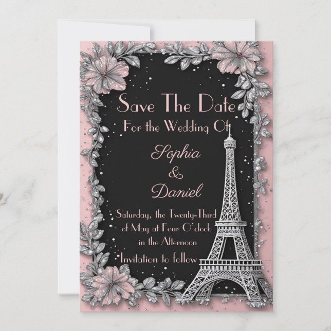 Vintage Pariser Rosa Silber Save-the-Date-Karte (Vorderseite)