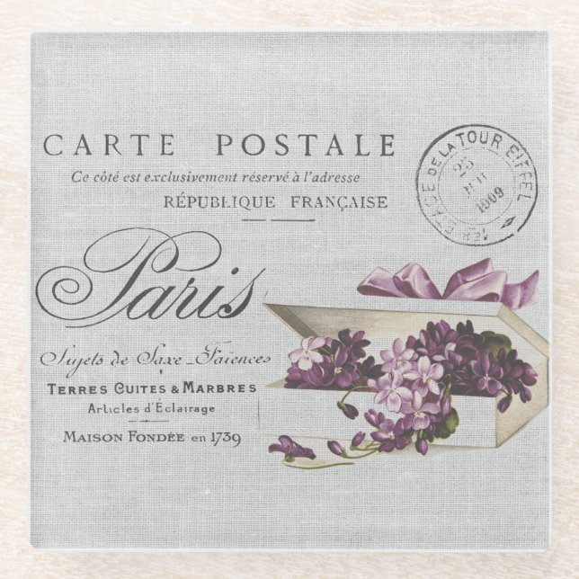 Vintage Pariser Typografie Postkarte Glasuntersetzer (Vorderseite)