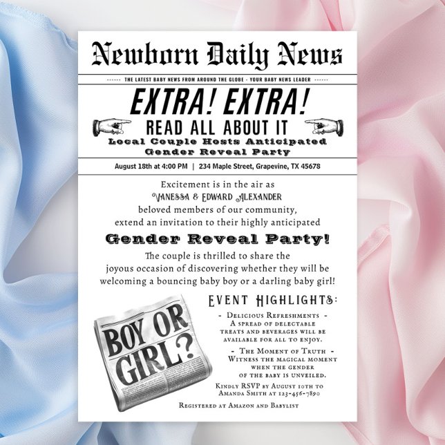 Vintage Party Einladung von Zeitungsgeschlechtern (Cute vintage newspaper gender reveal invitation - a fun way to invite your guest for the big reveal!)