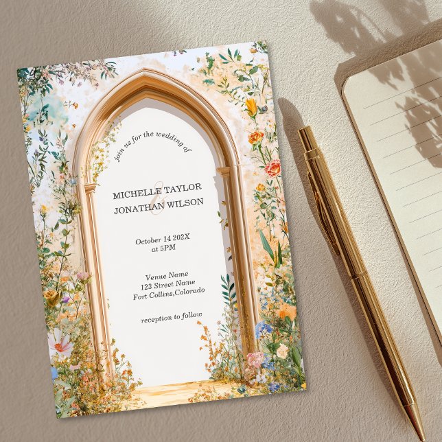 Vintage Pasta Wiese Wildblume Gartenanlage Einladung (romantic meadow flowers stone arch garden wedding invitation)