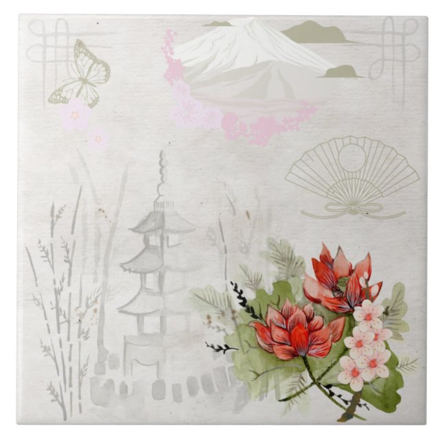 Vintage Pastel Traditionelle japanische Illustrati Fliese (Vorderseite)