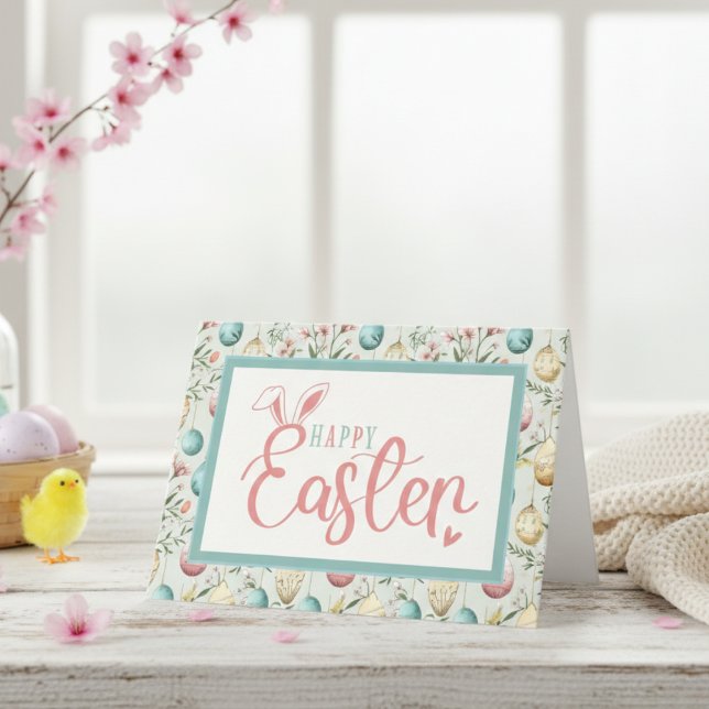 Vintage Pasteleier Ostereier Happy Osterfest Feiertagskarte (Vintage Pastel Easter Eggs Happy Easter Bunny Ears Holiday Card)