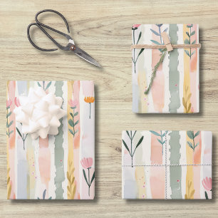 Vintage Pastell-Aquarell-Blumenstreifen Geschenkpapier Set