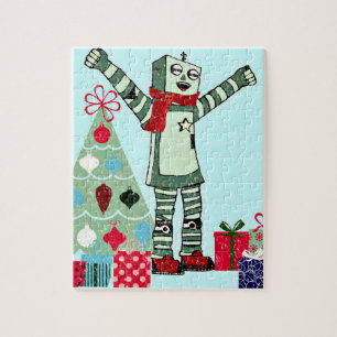Vintage-Pastell-Festtags-Roboterjunge, Baum und Ge