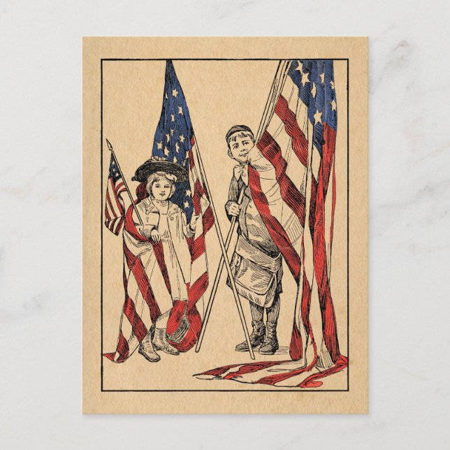 Vintage Patriotische Mädchen & Junge mit amerikani Postkarte (Vorderseite)