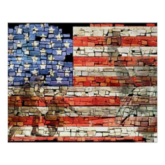 Vintage Patriotische USA-Flagge auf Steinmauer Poster