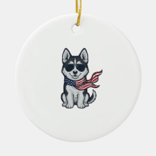 Vintage patriotischer Husky-Welpen-Vektordesign_1 Keramik Ornament