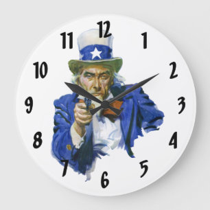 Vintage patriotischer Onkel Sam mit Sternenhut und Große Wanduhr