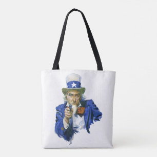 Vintage patriotischer Onkel Sam mit Sternenhut und Tasche